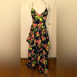 Viola navy neon green and red Floral Print tiered asymmetrical maxi dress sm
